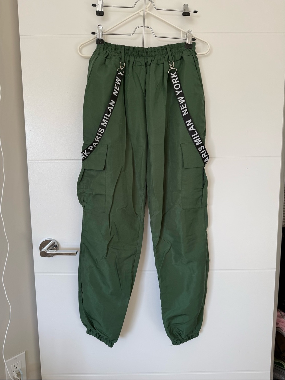 Olive Green Cargo Jogger Pants with Graphic Straps